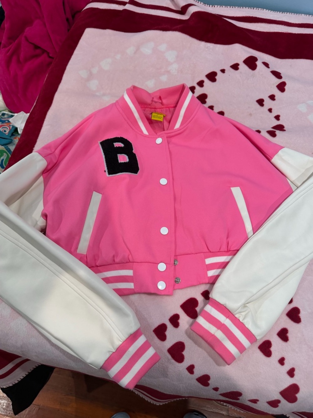 Pink Varsity Jacket with White Sleeves and 'B' Patch